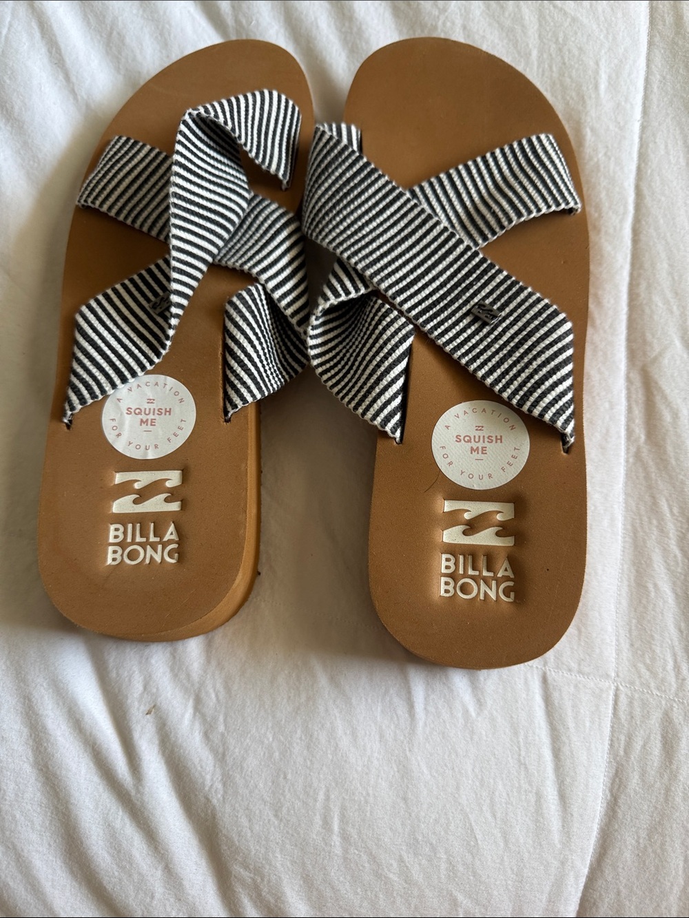 Billabong Tan Footbed Slide Sandals with Black & White Striped Crisscross Straps